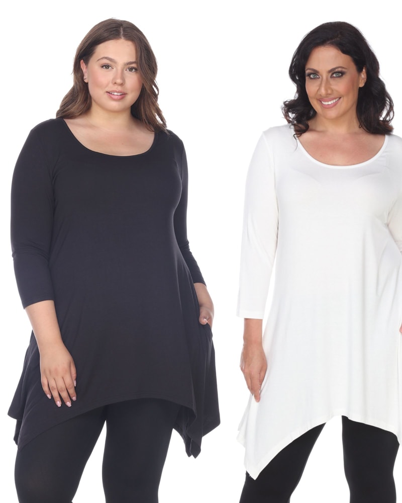 Front of a model wearing a size 1X Essential Makayla 2-Pack Tunic Top in Navy White by White Mark. | dia_product_style_image_id:249939